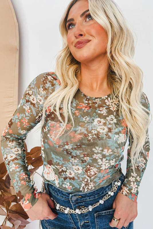 Green Floral Print Mesh Fitted Long Sleeve Top
