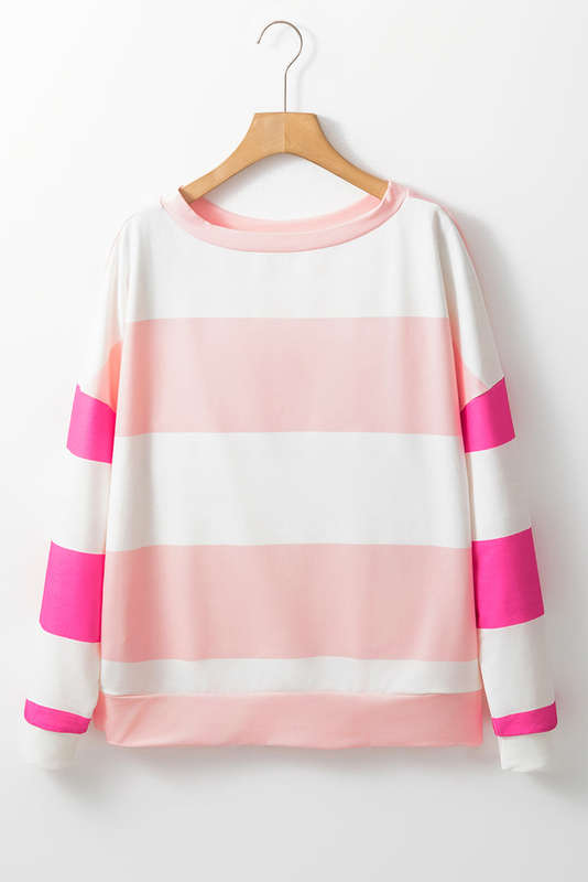 Light Pink Colorblock Striped Drop Shoulder Long Sleeve Top