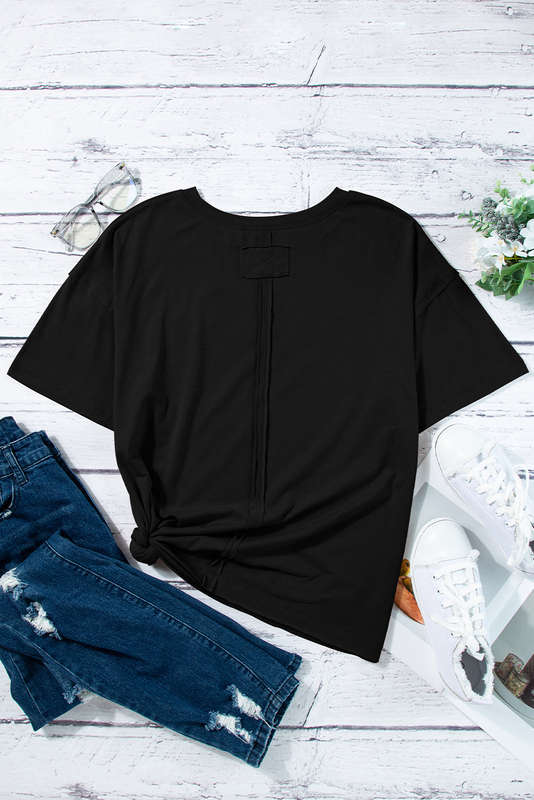 Black Raw Seam Patchwork Drop Shoulder Oversize T Shirt