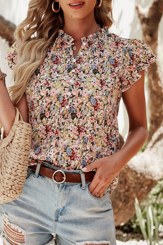 Red Boho Floral Frilled Button Neck Ruffle Short Sleeve Blouse