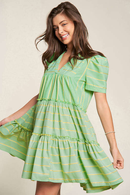Green Stripe V Neck Short Sleeve Frilled Detail A-line Dress