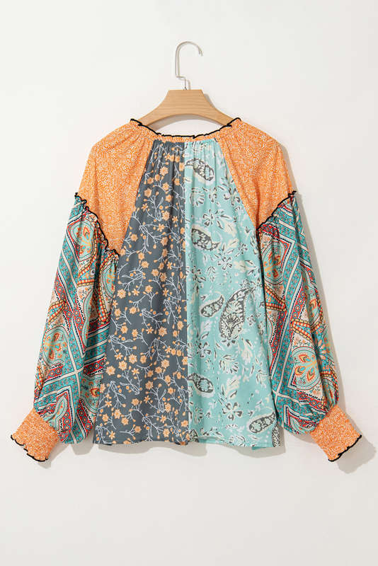 Green Floral Patchwork Lantern Sleeve Buttoned V Neck Plus Size Blouse