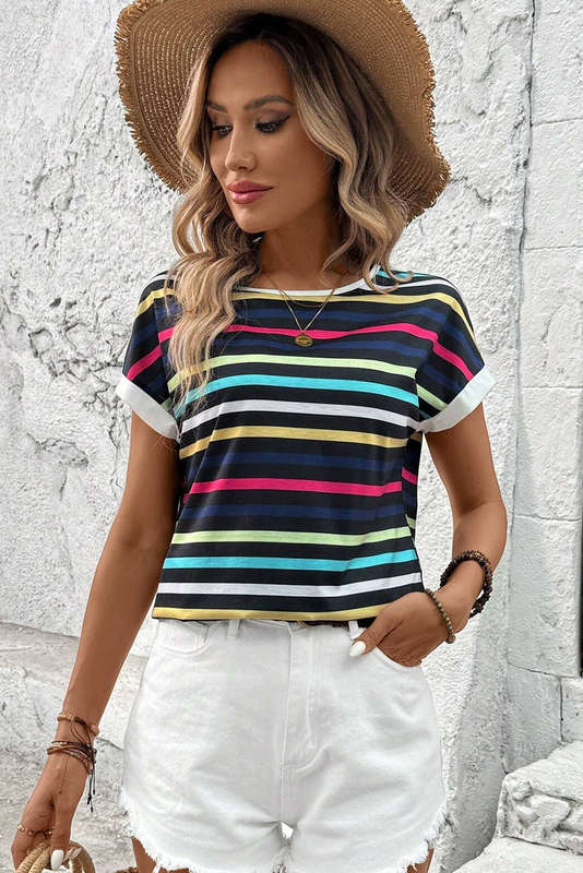 Black Stripe Multicolor Contrast Edge Crew Neck T Shirt