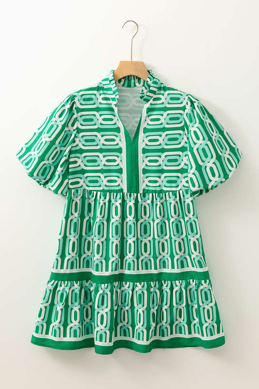 Bright Green Abstract Patterned V Neck Puff Short Sleeve Mini Dress