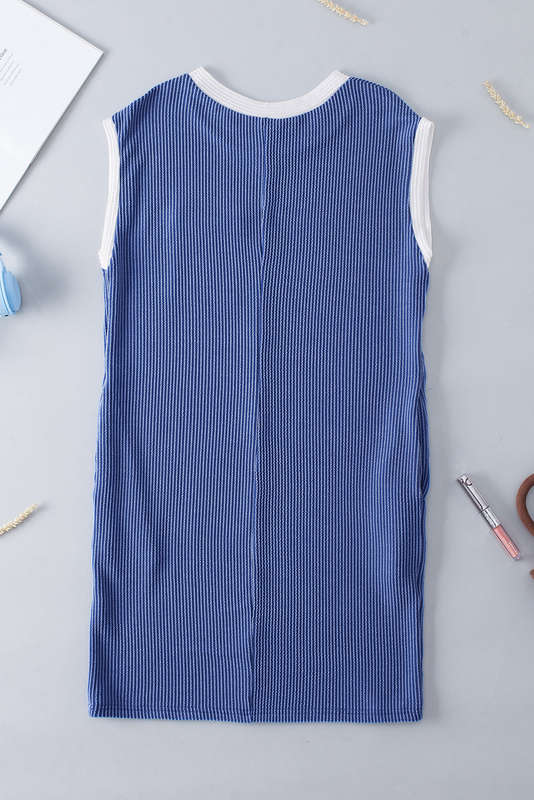 Blue V-Neck Knitted Summer Top with Exposed Seams