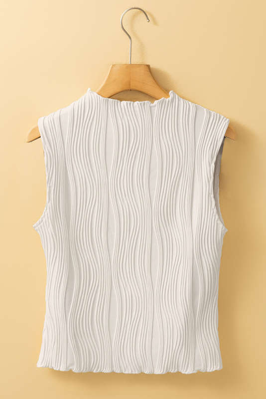 White Solid Color Wavy Textured Round Neck Tank Top