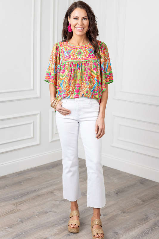 Orange Geometric Print Bell Sleeve O Neck Babydoll Blouse