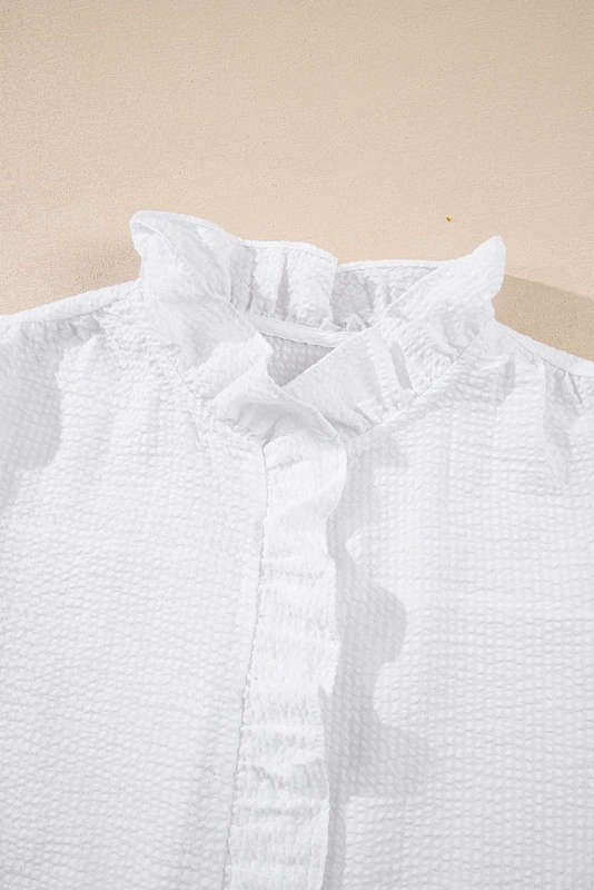 White Striped Ruffle Short Bubble Sleeve Shirt
