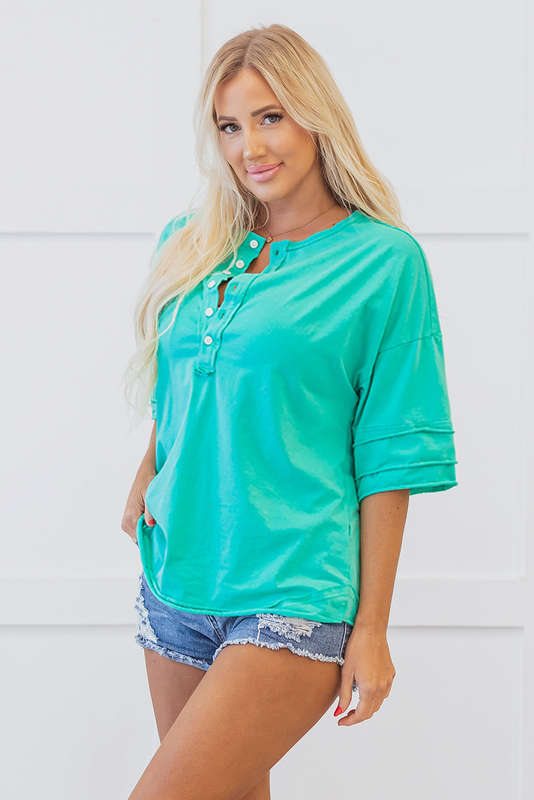 Mint Green Solid Color Half Sleeve Buttons Henley Top