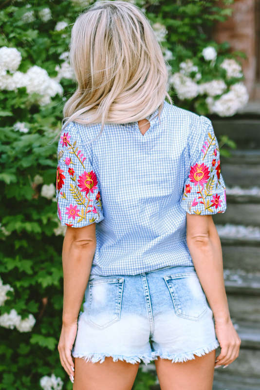 Blue V-Neck Knitted Summer Top with Exposed Seams