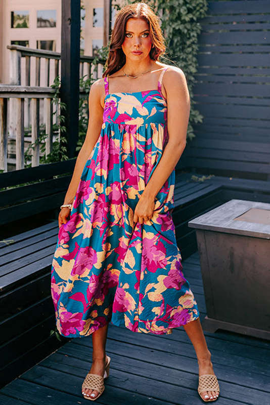 Dark Blue Floral High Waist Sleeveless Flared Long Dress