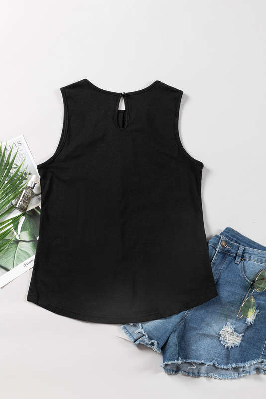 Black Pleated Round Neck Sleeveless Top