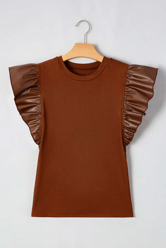 Cinnamon Leather Ruffle Sleeve Patchwork Round Neck Blouse