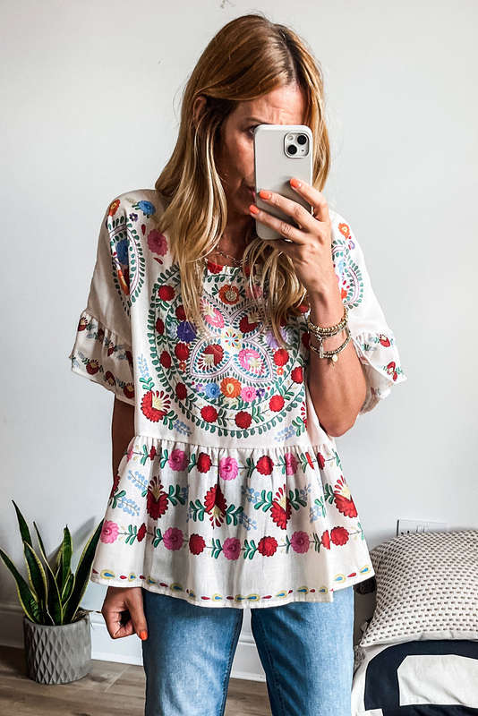 Pink Boho Floral Puff Sleeve Summer Blouse