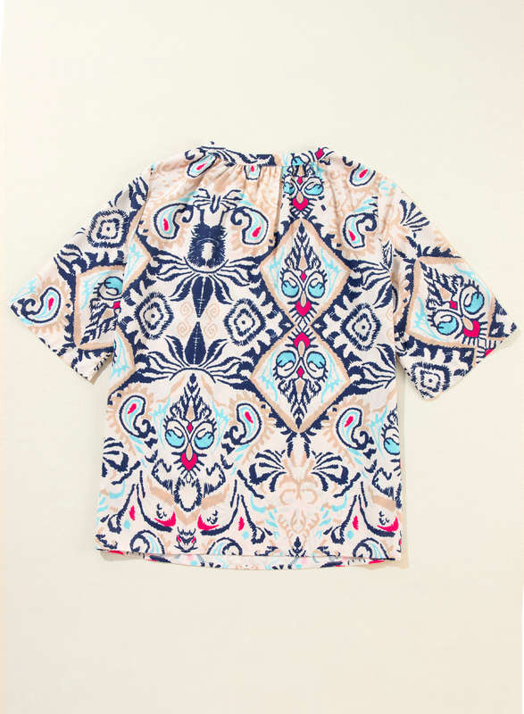 White Abstract Printed Notched V Neck Split Half Sleeve Blouse