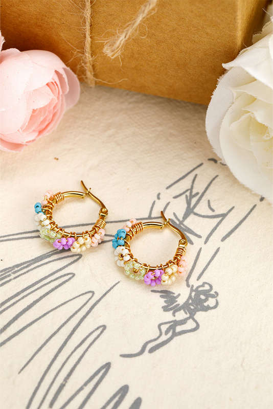 Gold Beaded Flower Hoop Alloy Earrings