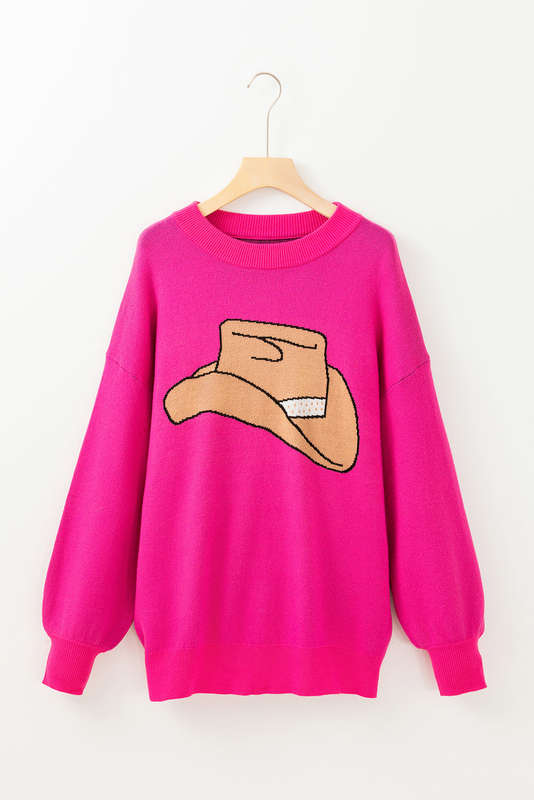 Rose Red YEEHAW Cowboy Hat Drop Shoulder Oversized Sweater