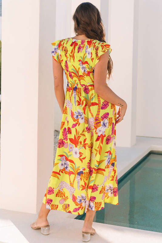 Yellow Cheetah Plant Print Shirred Button V Neck Maxi Dress
