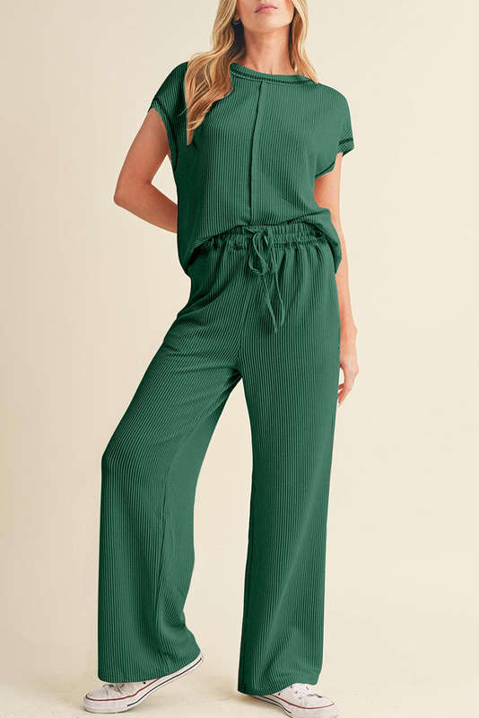 Blackish Green Solid Color Corded Short Sleeve Top and Casual Pants Set