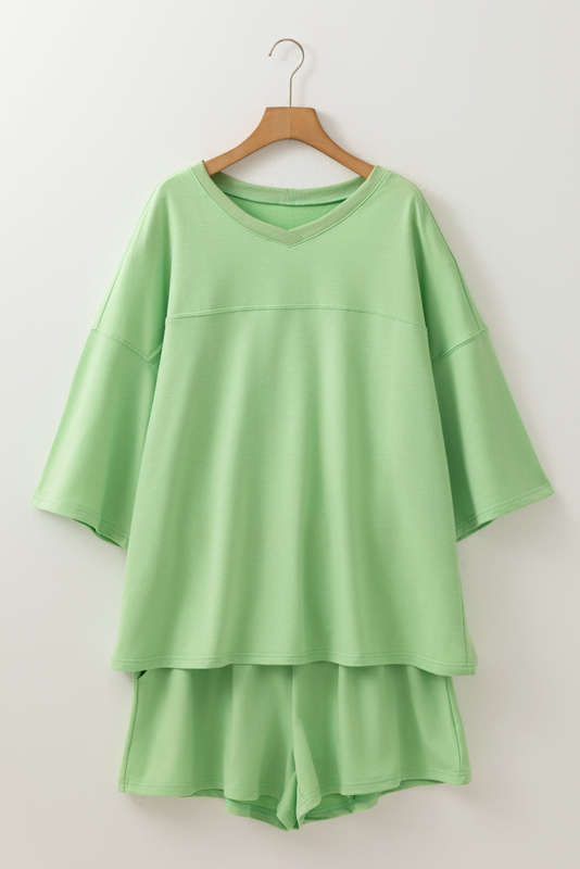 Meadow Mist Green Plus Size V Neck Drop Shoulder Tee Loose Shorts 2pcs Outfit