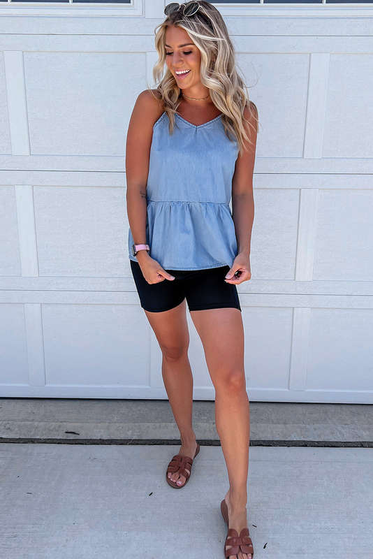 Sky Blue Casual Ruffled Spaghetti Straps Denim Tank Top
