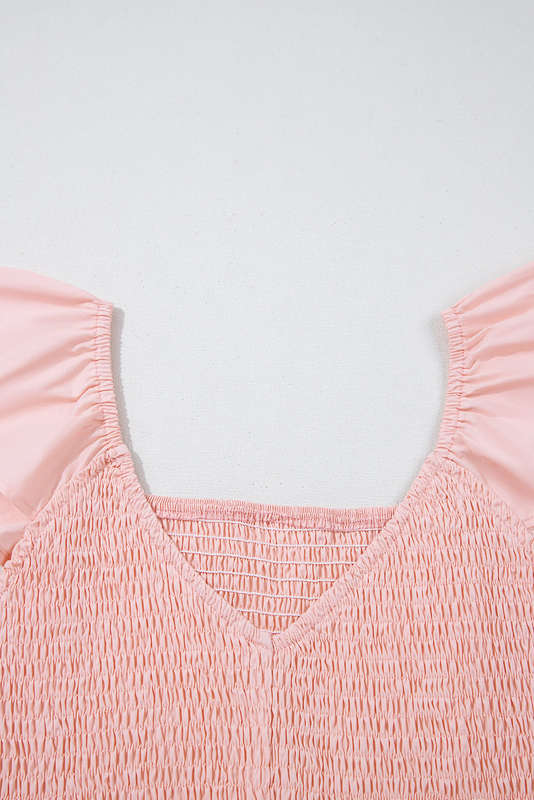 Pink V Neck Flutter Sleeve Smocked Bodice High Waist Ruffle Maxi Dress
