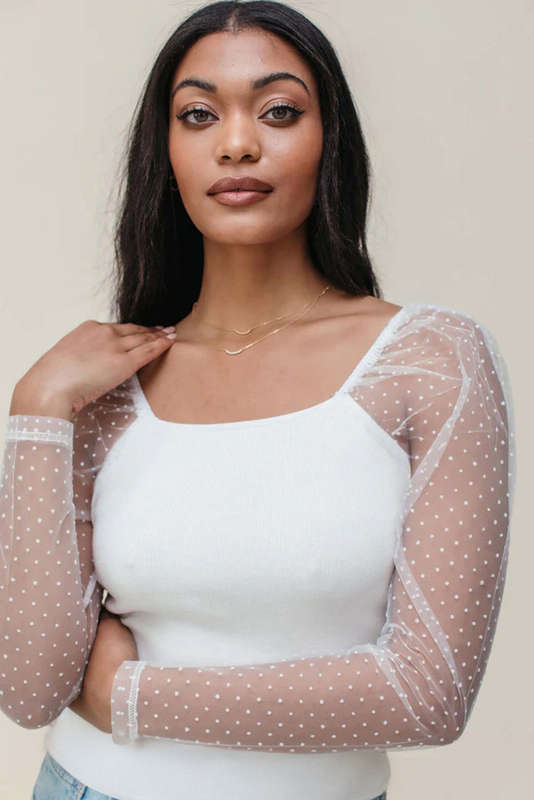 White Swiss Dot Mesh Long Sleeve Square Neck Slim Top