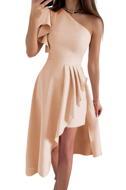 Apricot One Shoulder Ruffle Sleeve Wrap Slit Dress