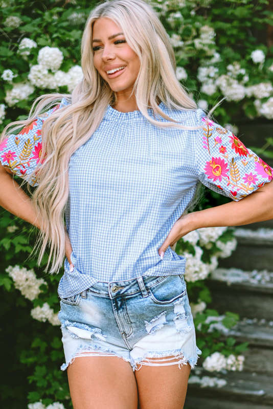 Blue V-Neck Knitted Summer Top with Exposed Seams