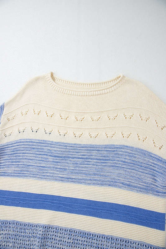 Light Blue Open Stitch Puff Sleeve Sweater