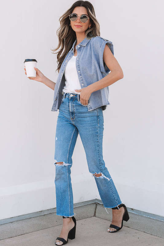 Blue V-Neck Knitted Summer Top with Exposed Seams