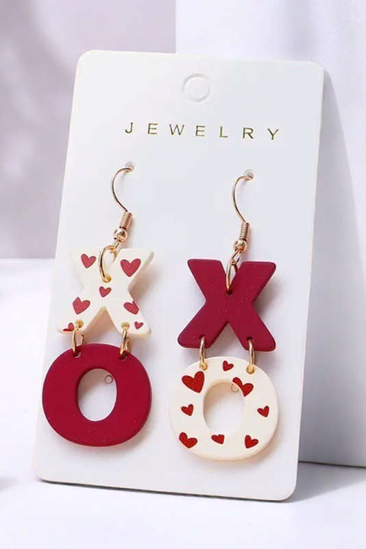 Racing Red Heart Print XOXO Letter Dangle Hook Earrings
