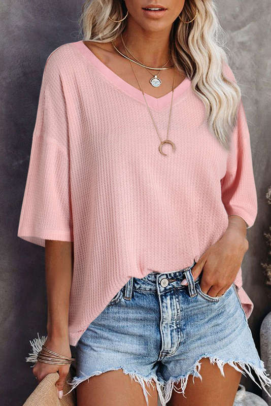 Light Pink Waffle Texture Ribbed V Neck Drop Shoulder Loose Tee