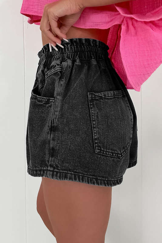 Black Drawstring High Waist Casual Denim Shorts with Pockets