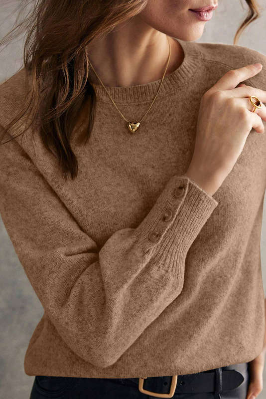 Camel Buttoned Bishop Sleeve Crew Neck Sweater