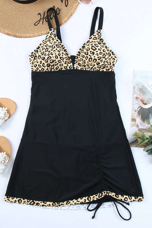 Leopard Print Lace Up One Piece Swimsuit