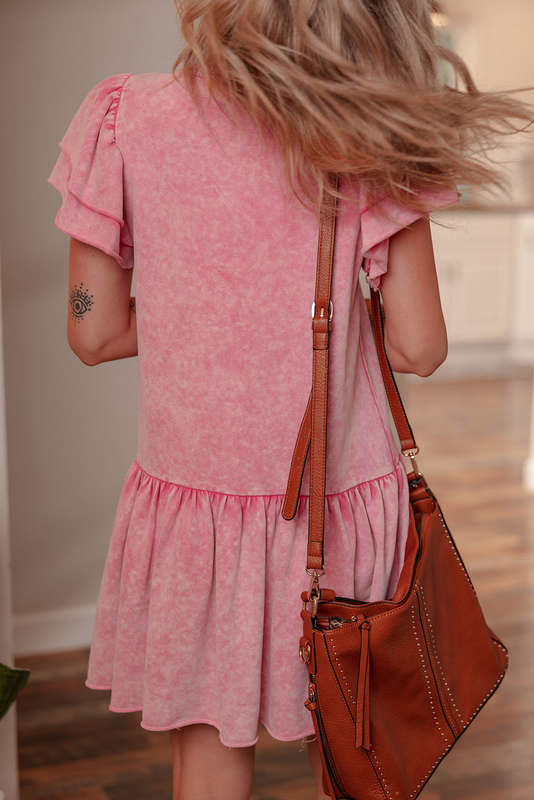 Sachet Pink Mineral Wash Raw Edge Ruffle Mini Dress