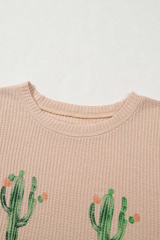 Light French Beige Cactus Forest Waffle Half Sleeve Tee Short Set