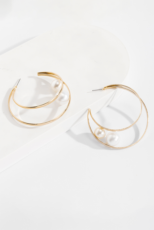 Gold Pearl Decor Dual Hook Stud Earrings