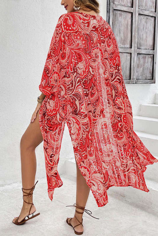 Red Floral Print Side Slit Open Front Long Kimono