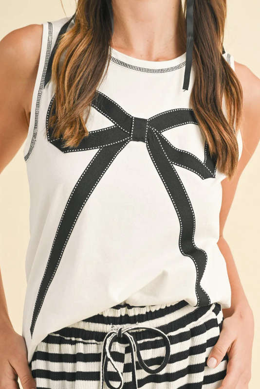 White Sweet Bow Stitching Trim Sleeveless Top