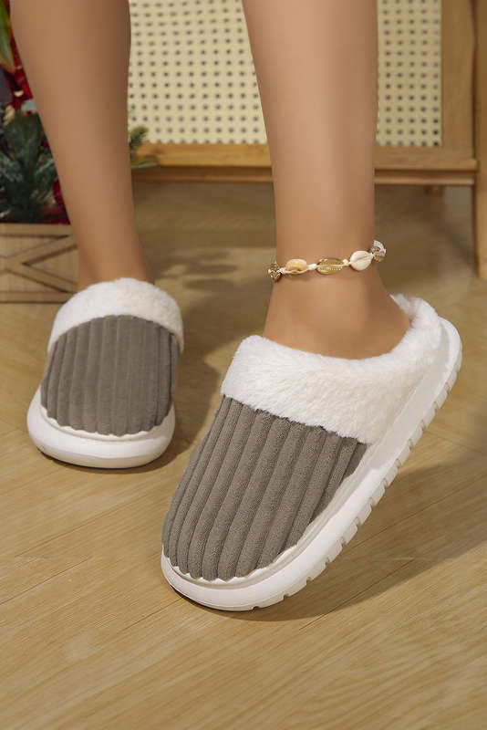 Dark Grey Ribbed Plush Color Block Winter Slippers
