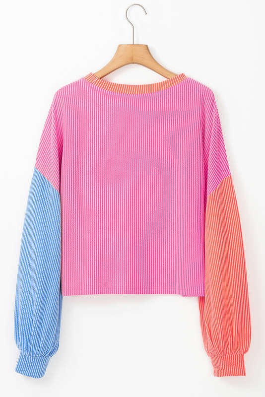 Rose Red Corded Colorblock Patchwork Drop Shoulder Long Sleeve Top
