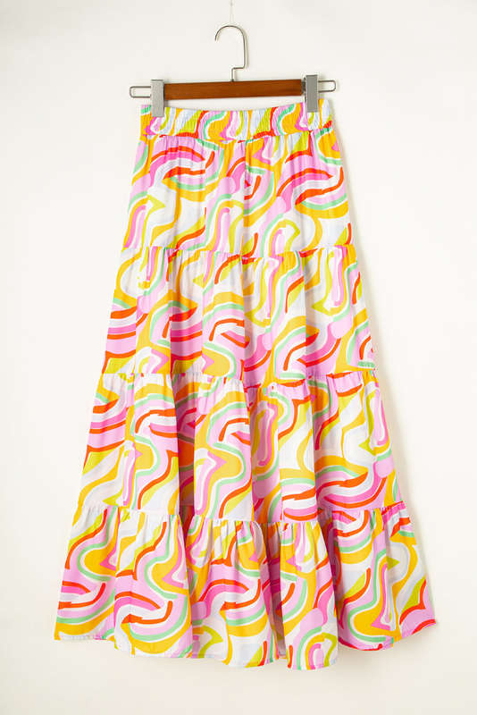 Pink Abstract Print Tiered Flowy Maxi Skirt