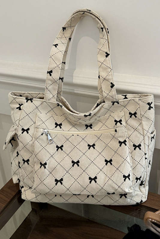 White Bow Knot Plaid Print Large Tote Bag
