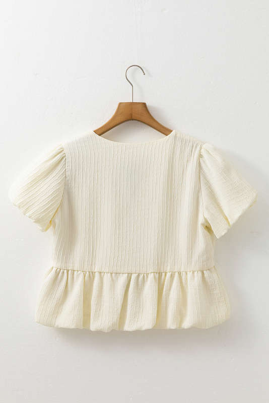 White Textured Bow Ties Front Bubble Hem Puff Short Sleeve Blouse