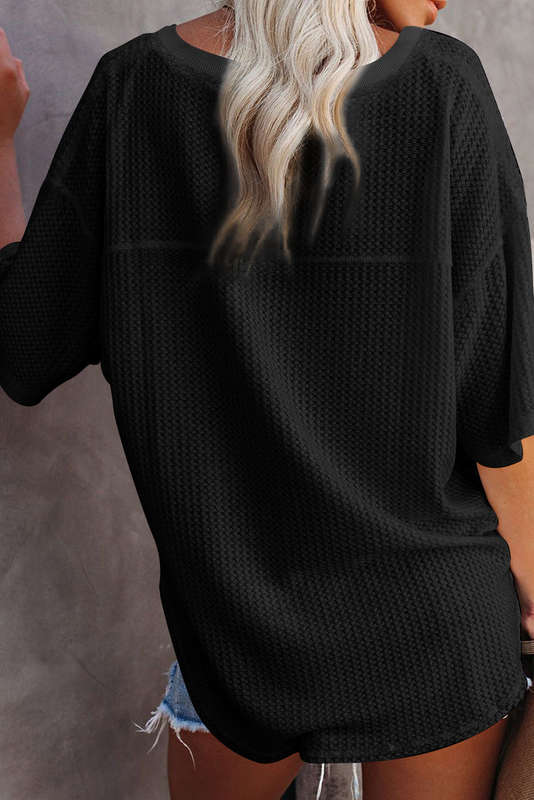 Black Waffle Texture Ribbed V Neck Drop Shoulder Loose Tee