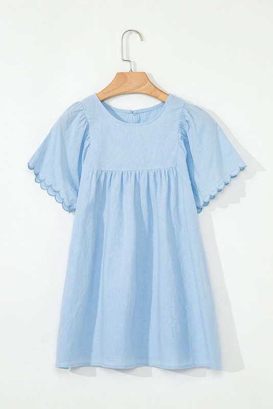 Beau Blue Solid Color Embroidered Scalloped Sleeves Crew Neck Blouse