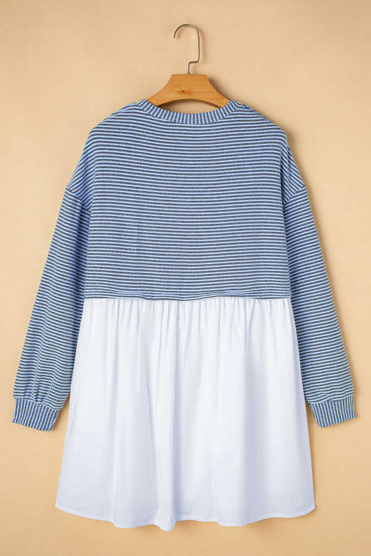 Sky Blue Stripe Patchwork Pleated High Waist Loose Mini Dress