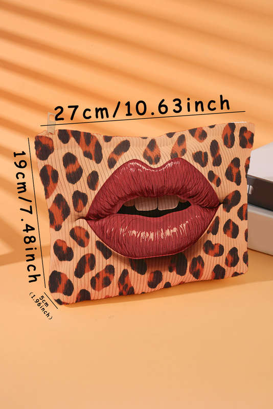 Brown Leopard Lip Shape Print Canvas Functional Makeup Bag